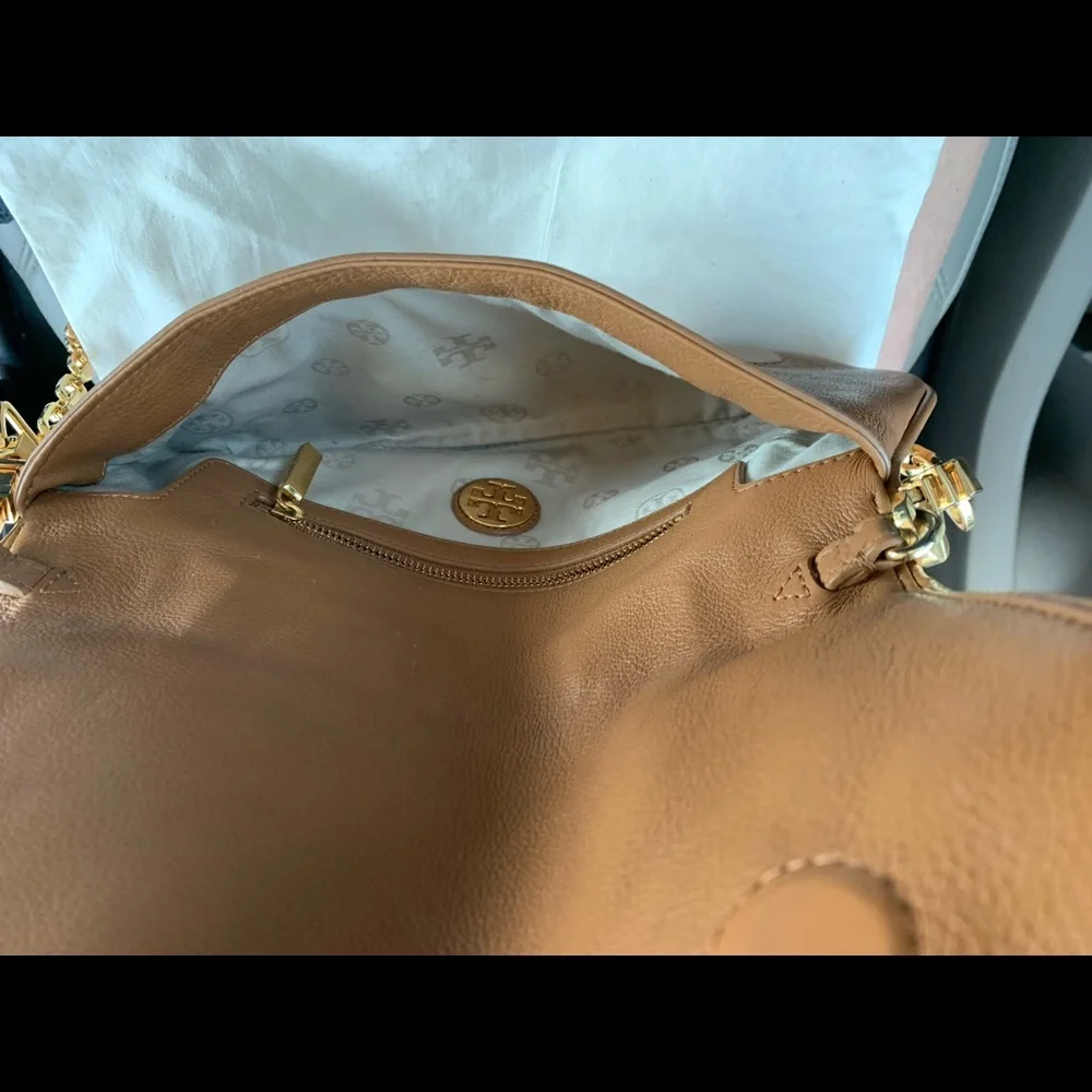 Tory Burch Tan Leather Clutch with Logo Medallion